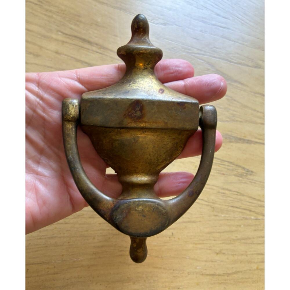VTG Solid Brass Urn Door Knocker Colonial Federal Style W/ Hardware Patina HEAVY